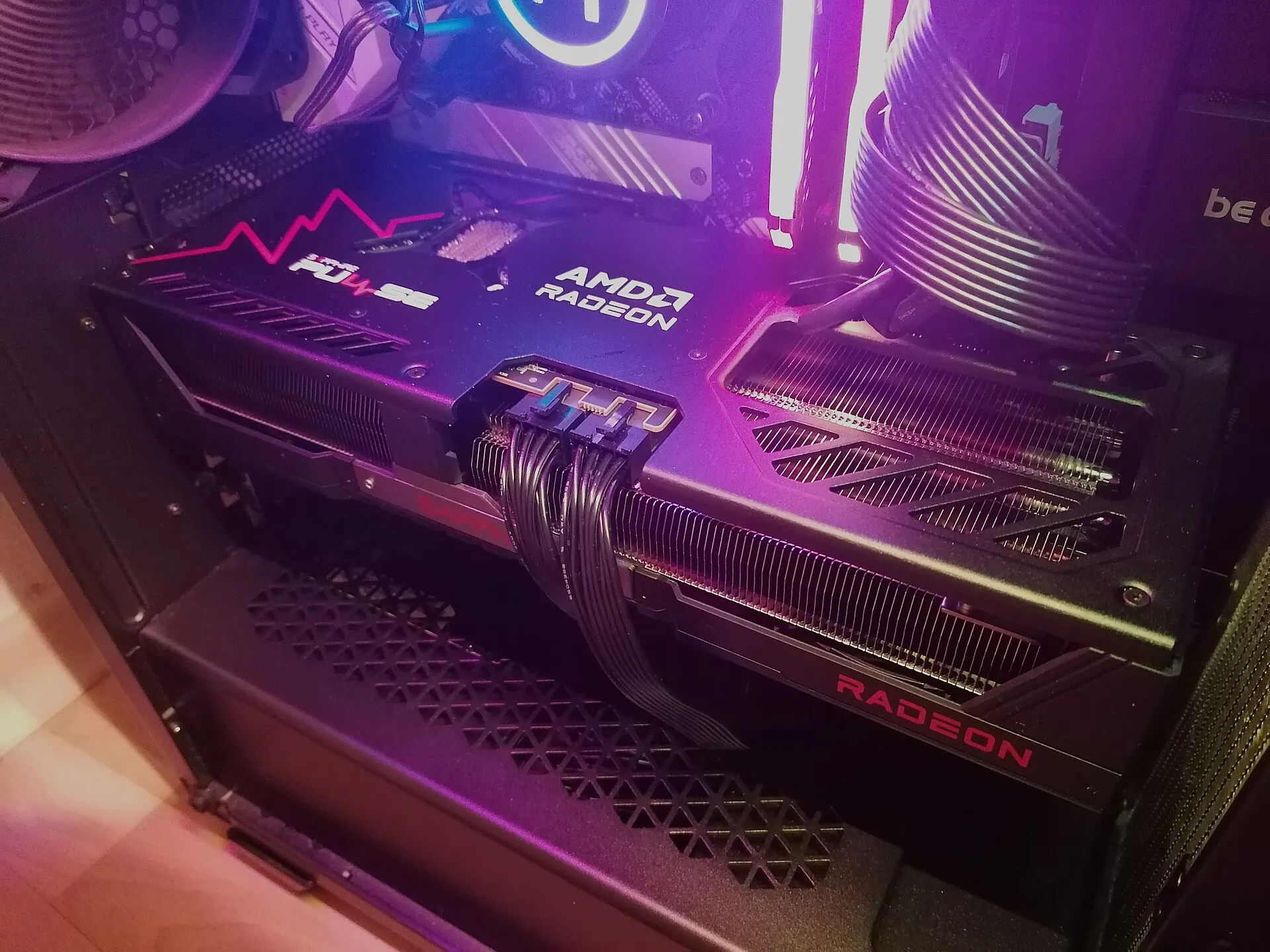 Inside a gaming PC with a Sapphire Pulse Radeon RX 9070 XT graphics card installed