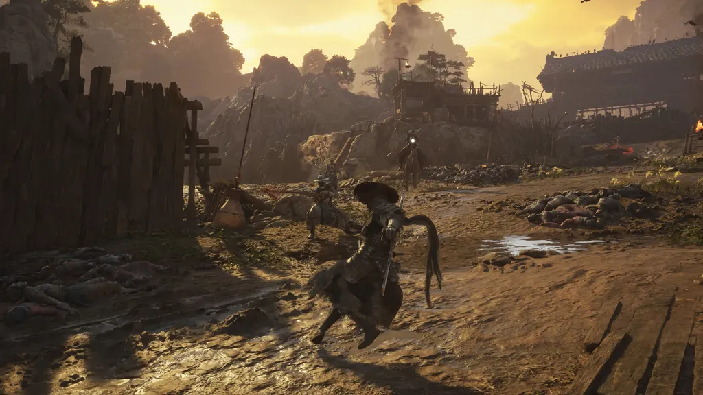 Soul walks along a rain-soaked wooden bridge towards a pagoda in Phantom Blade Zero