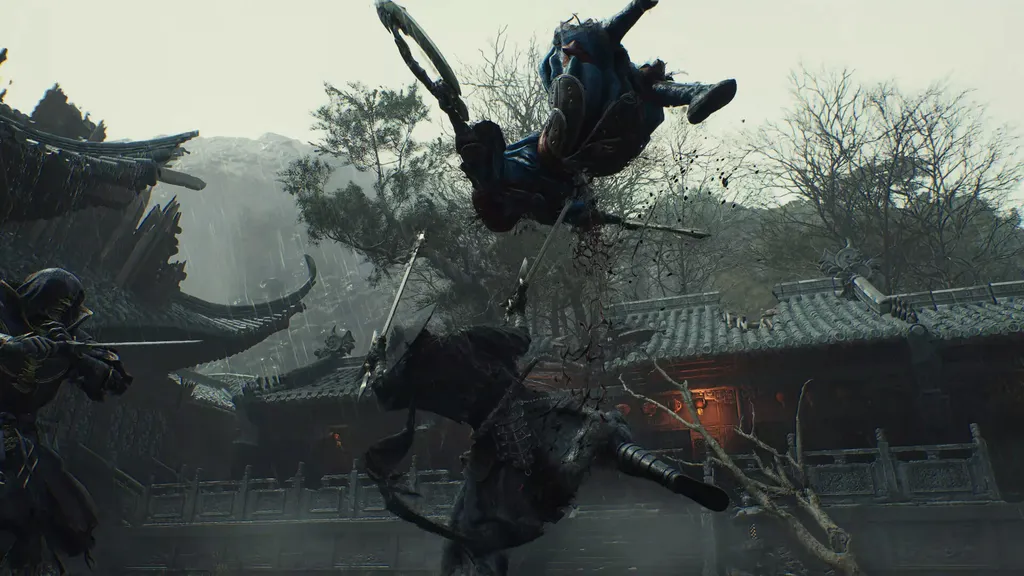 Soul fights armoured enemies in a temple courtyard in Phantom Blade Zero